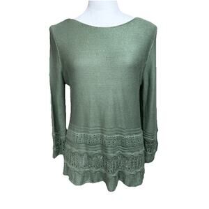 Madison + Hudson Women's Sweater Sz M Lightweight Embroidered Lace Trim Green